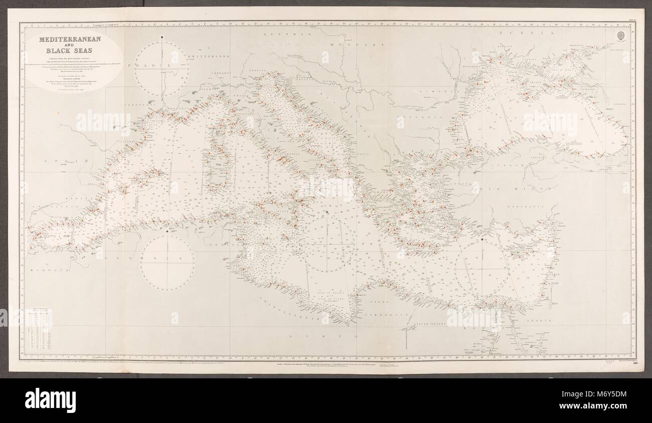 Mediterranean & Black Seas. Lighthouses. Admiralty nautical sea chart 1930 map Stock Photo