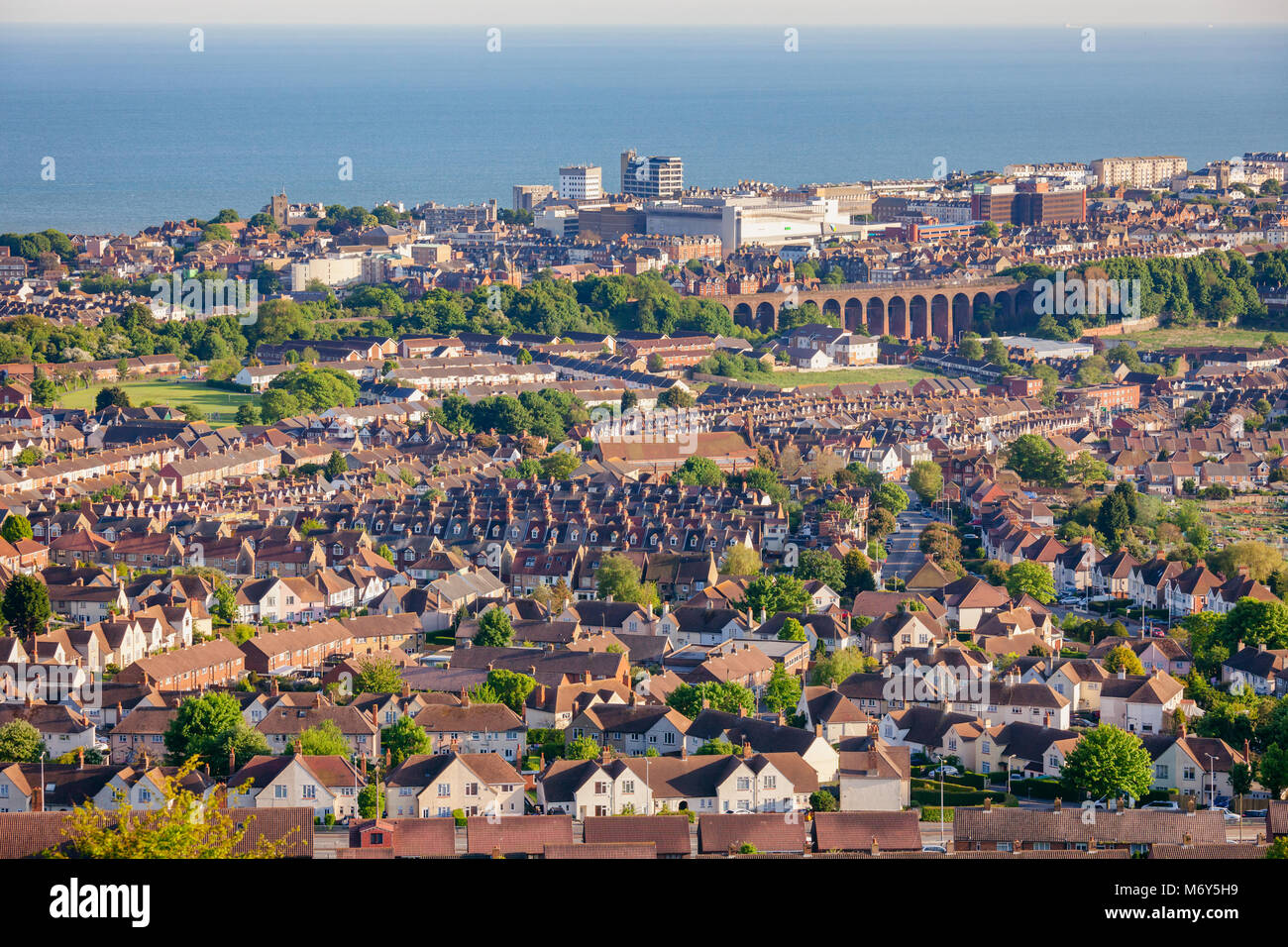 Aerial view of Folkestone seaside port town on the English Channel at the southern edge of the North Downs in Kent, South East England, UK Stock Photo