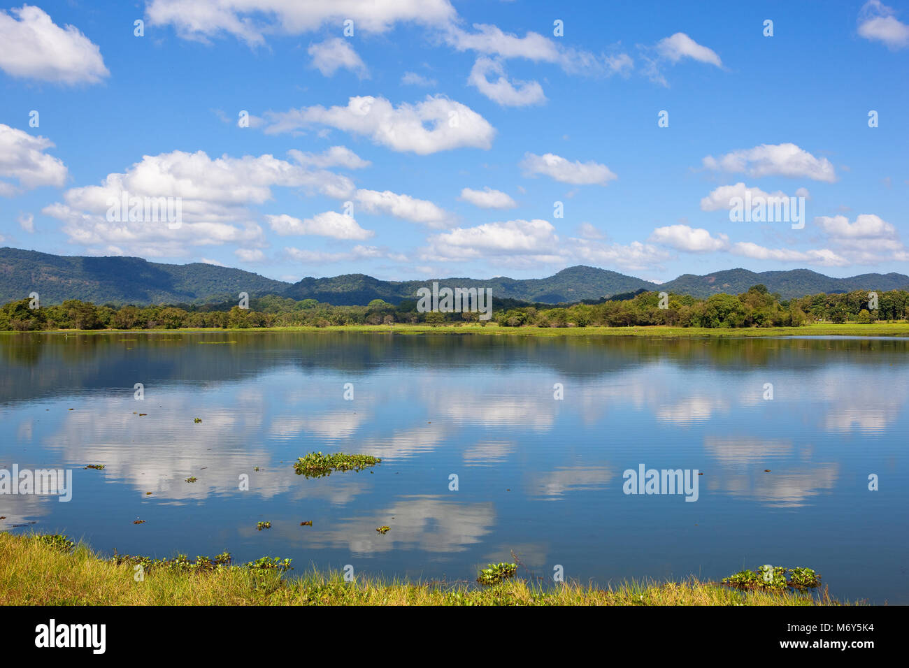 beautiful sri lanka landscape with forested mountains and sky reflected in the lake at wasgamuwa national park Stock Photo