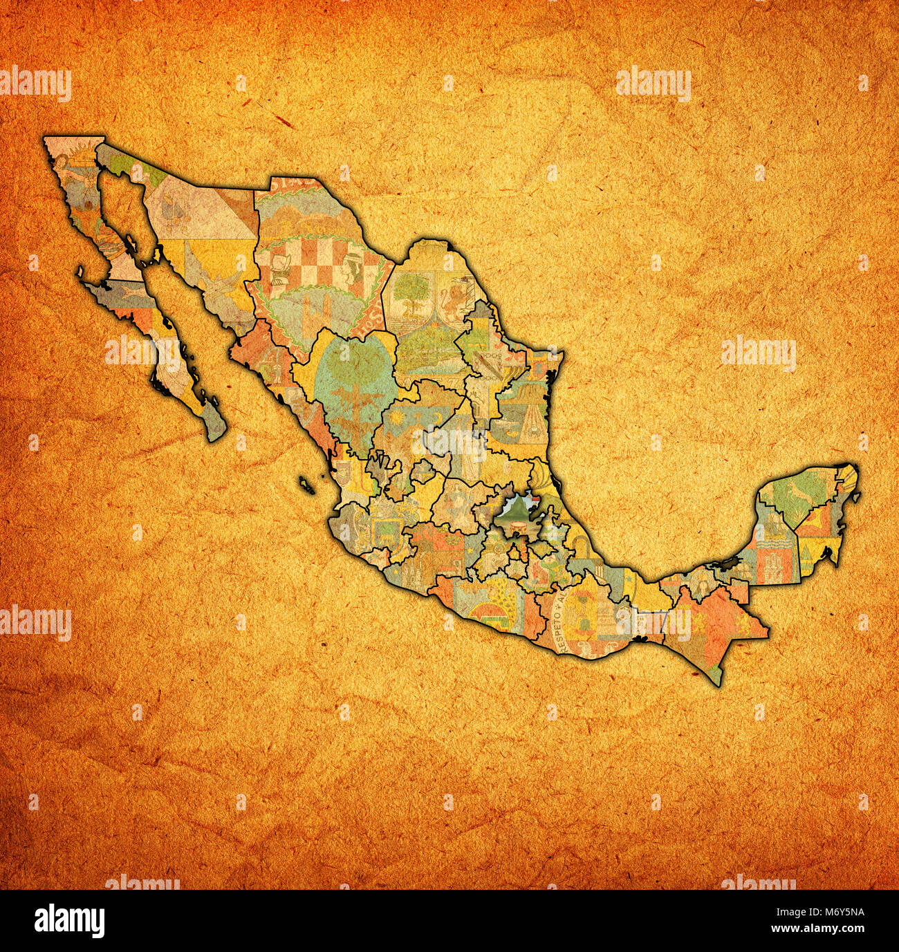 emblem of Hidalgo state on map with administrative divisions and borders of Mexico Stock Photo