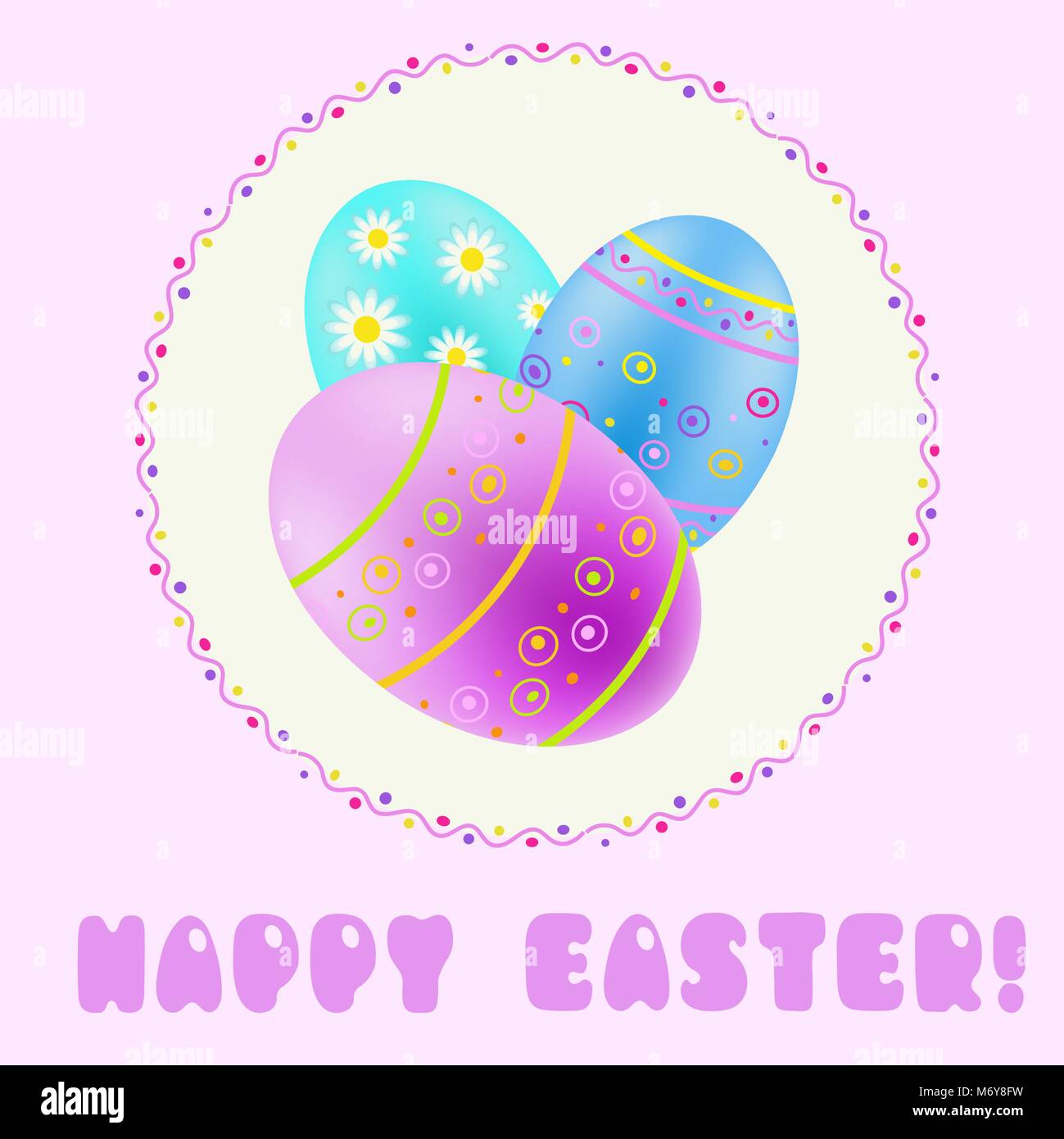 Happy Easter greeting card with blue; turquoise; purple painted eggs Stock Vector