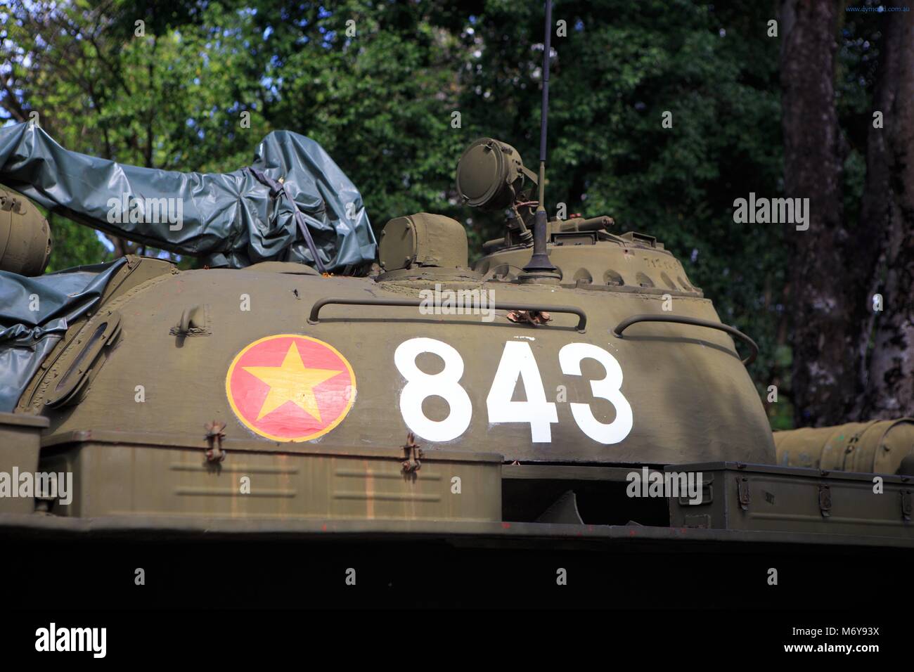 Replicas of the tanks that crashed the front gates of the Independence Palace at the end of the Vietnam War in 1975. Stock Photo