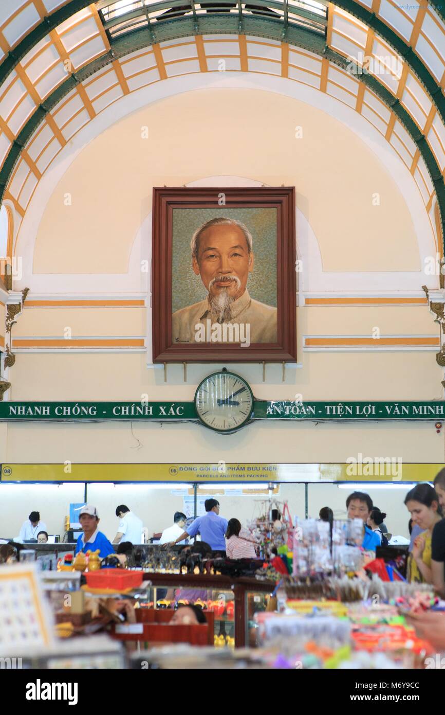 A portrait of Ho Chi Minh hangs in the Central Post Office in Ho Chi Minh City, Vietnam Stock Photo
