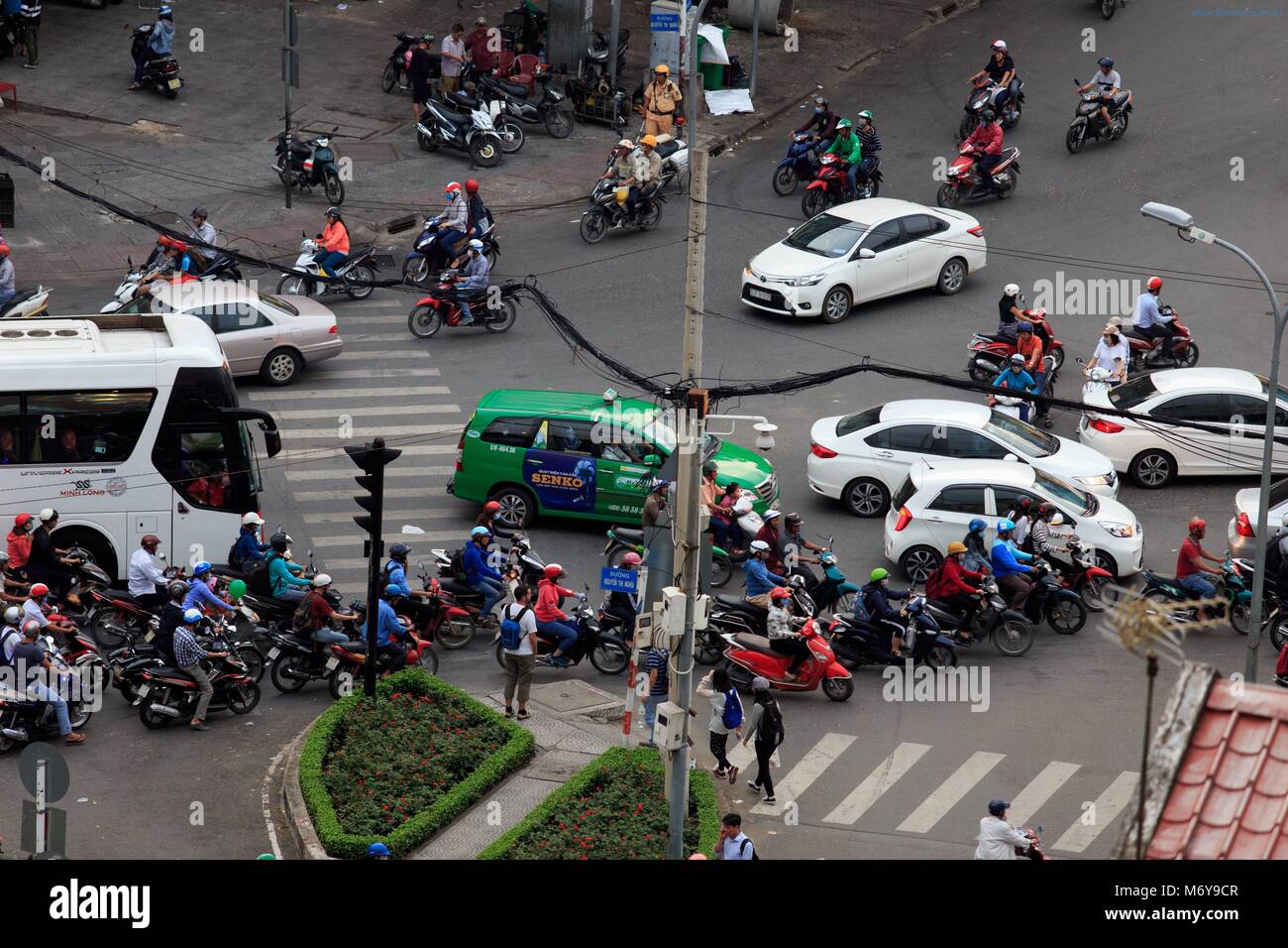 Traffic congestion at a crowded intersection in District 1 of Ho Chi Minh City, Vietnam