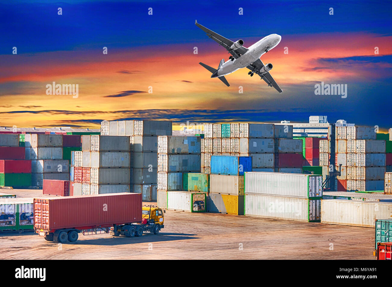 Business Logistics concept, Logistics and transportation of Container Cargo ship and Cargo plane logistic import export and transport industry backgro Stock Photo