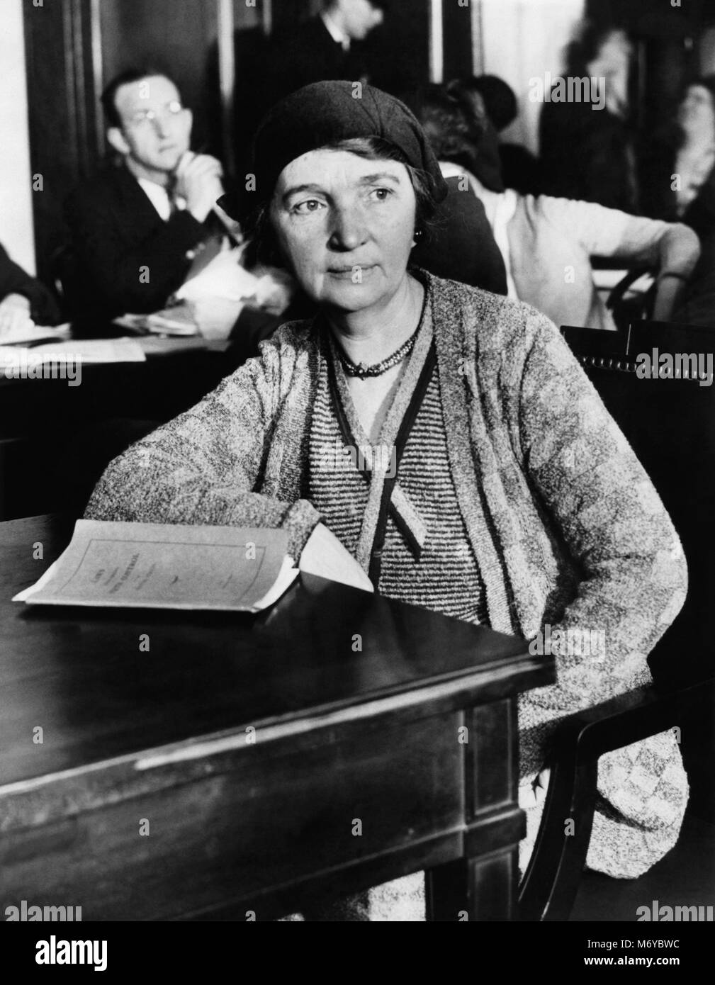 Margaret Sanger (1879-1966), Chairman of the National Committee on Federal Legislation for Birth Control, on the stand before a special Senate Committee on February 13, 1931 to testify in favor of birth control as embodied in the Gillett bill (S. 4582). Stock Photo