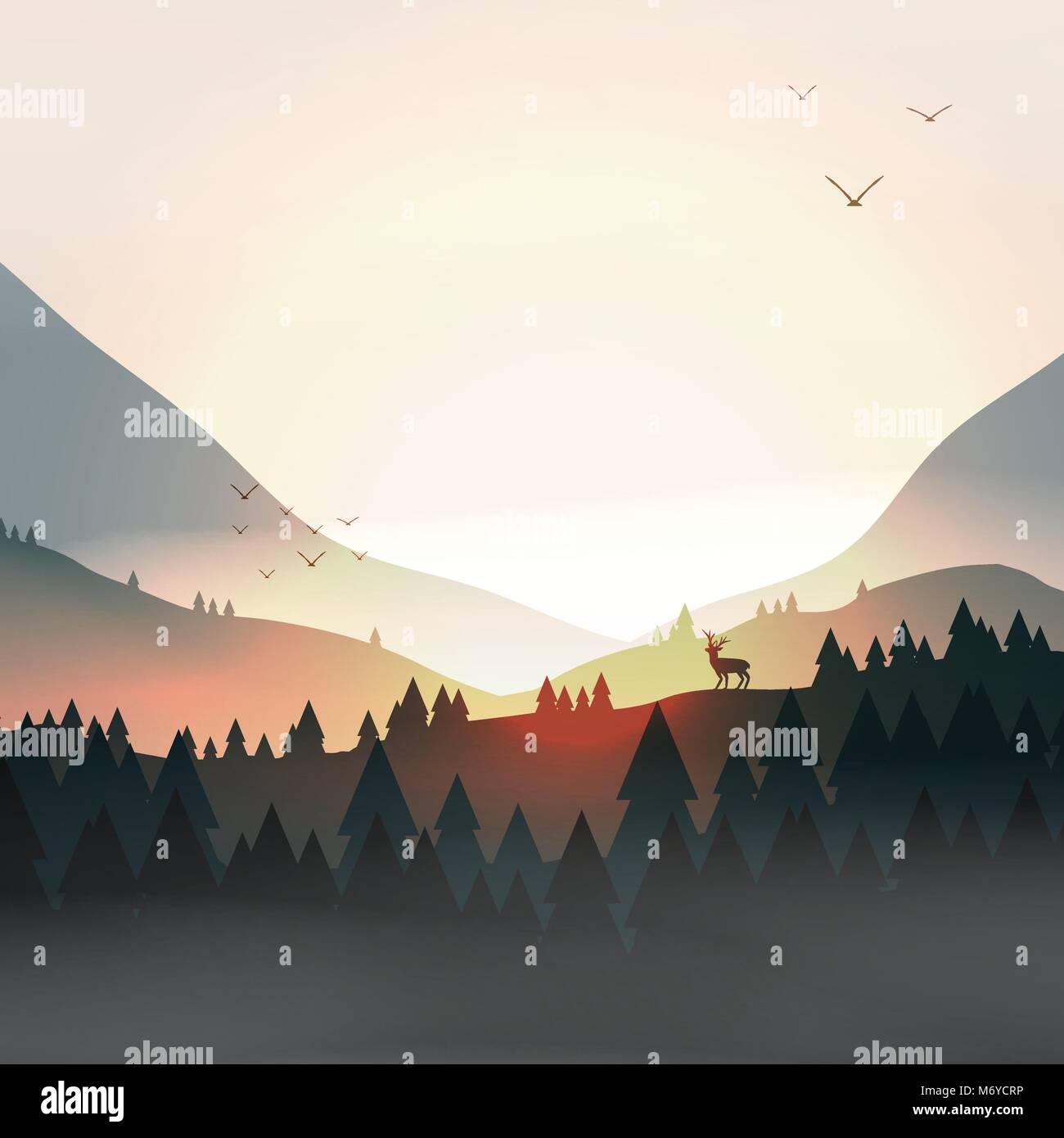 Sunset or Dawn Over Mountains with Stag on Hill Top Pine Forest Landscape - Vector Illustration Stock Vector