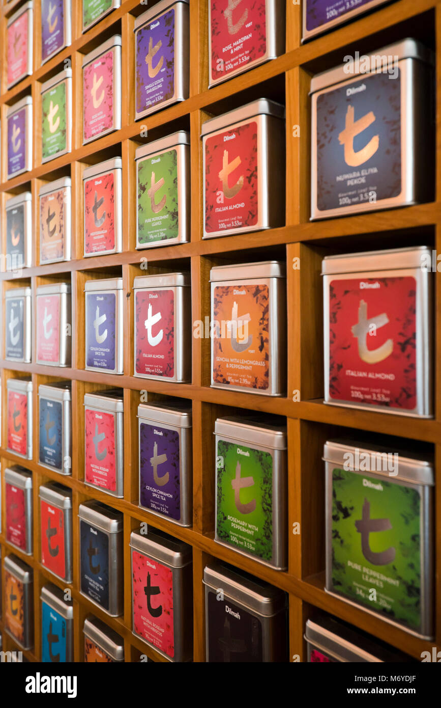 Vertical close up of rows of tea caddies at a tea shop in Colombo, Sri Lanka. Stock Photo