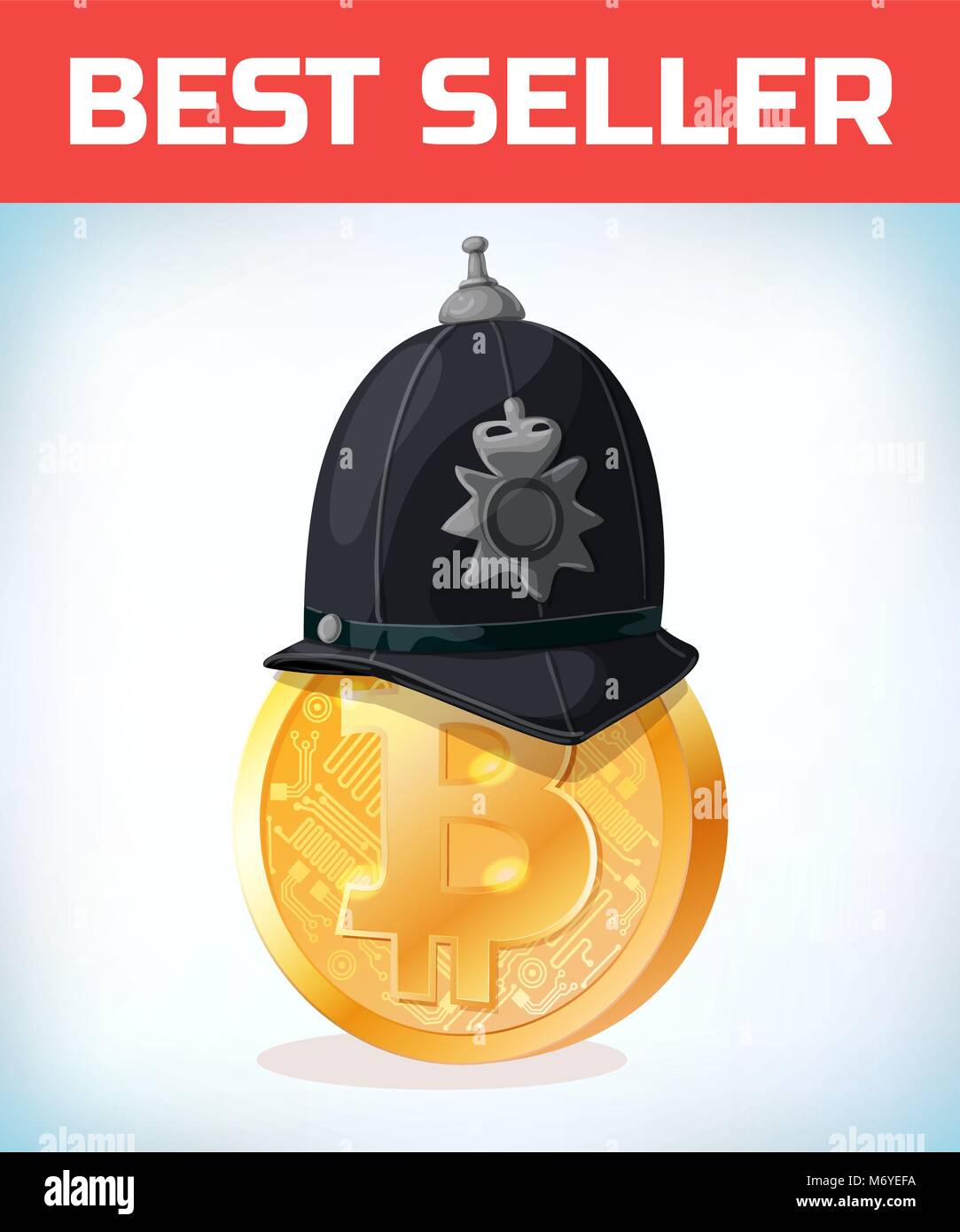 Bitcoin in London policeman helmet. Bitcoin. Digital currency. Crypto currency. Money and finance symbol. Miner bit coin criptocurrency. Virtual money Stock Vector