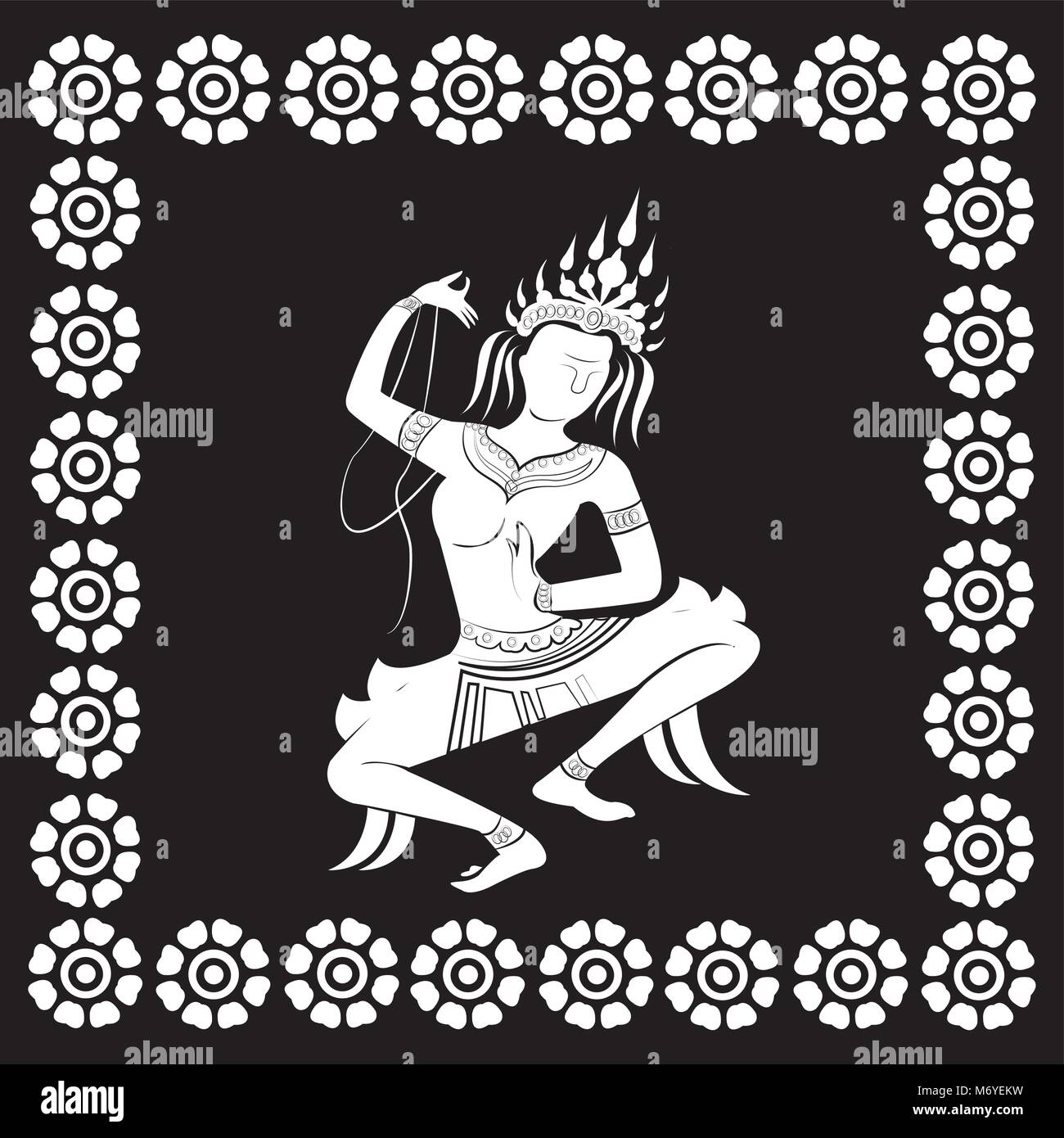 apsara dance, white silhouette on black background, vector illustration Stock Vector
