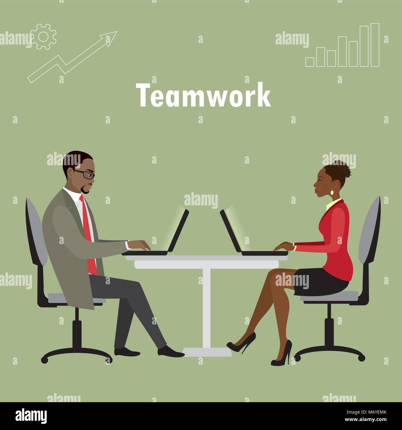 African american Office workers or business people sitting at the table. Working On laptop , teamwork . Vector illustration Stock Vector