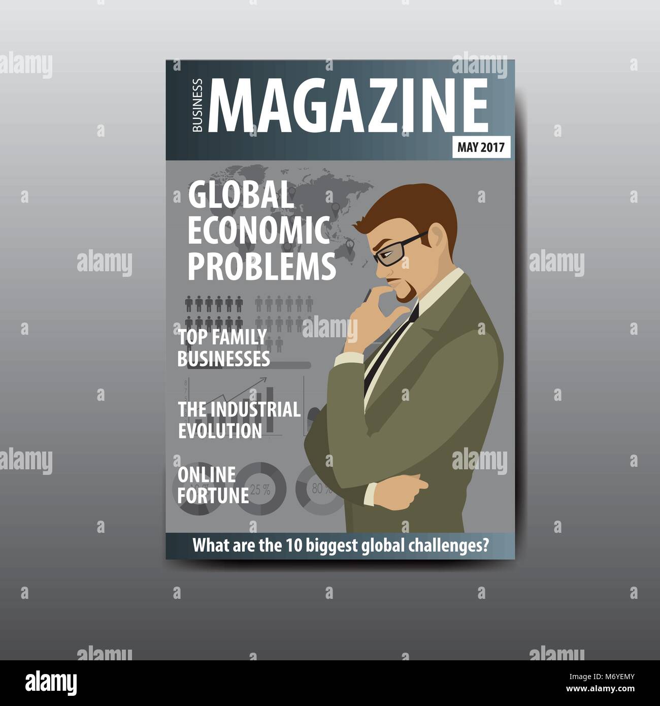 The blank magazine cover, businessman thinking about a problem, template, stock vector illustration Stock Vector