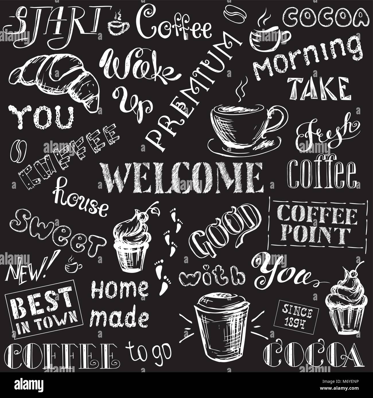 Coffee seamless pattern with lettering,hand drawn on black background ...