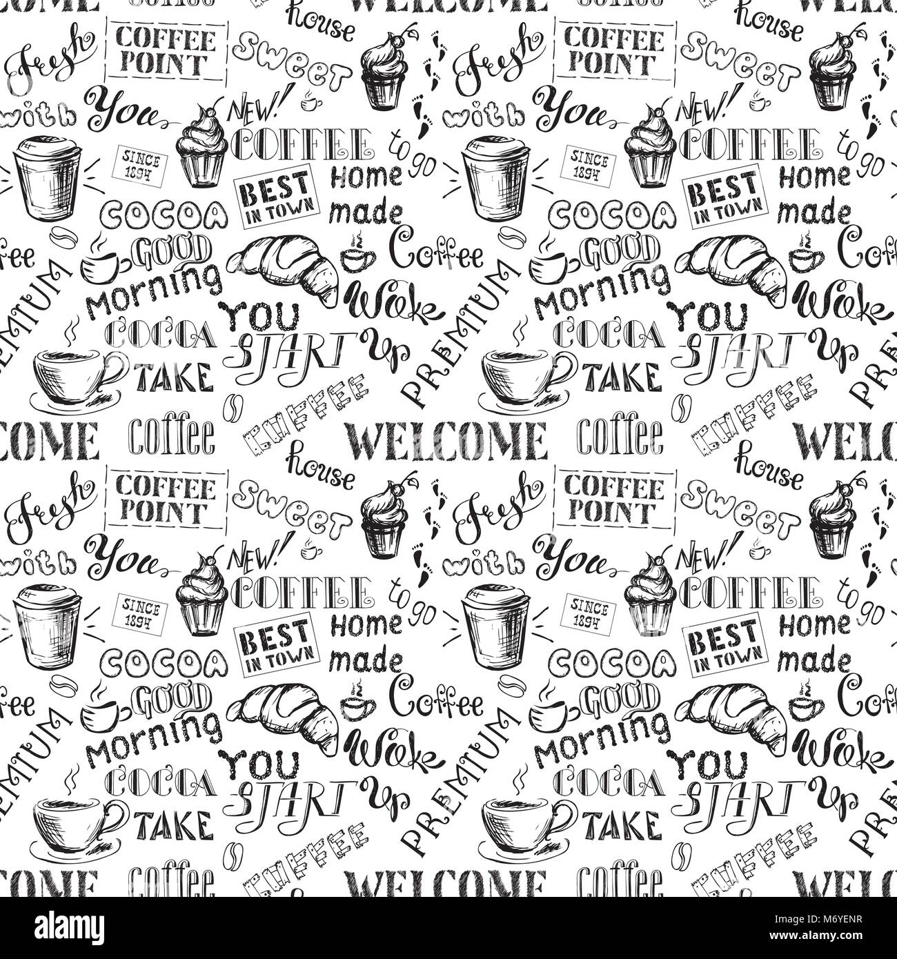 Coffee seamless pattern with lettering,hand drawn on white background, stock vector illustration Stock Vector