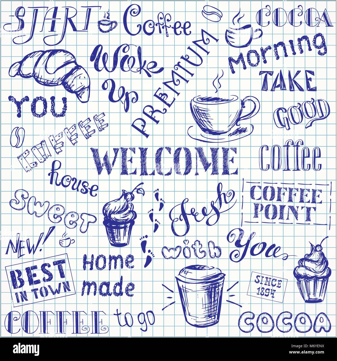 Coffee seamless pattern with lettering,hand drawn on notebook paper, stock vector illustration Stock Vector