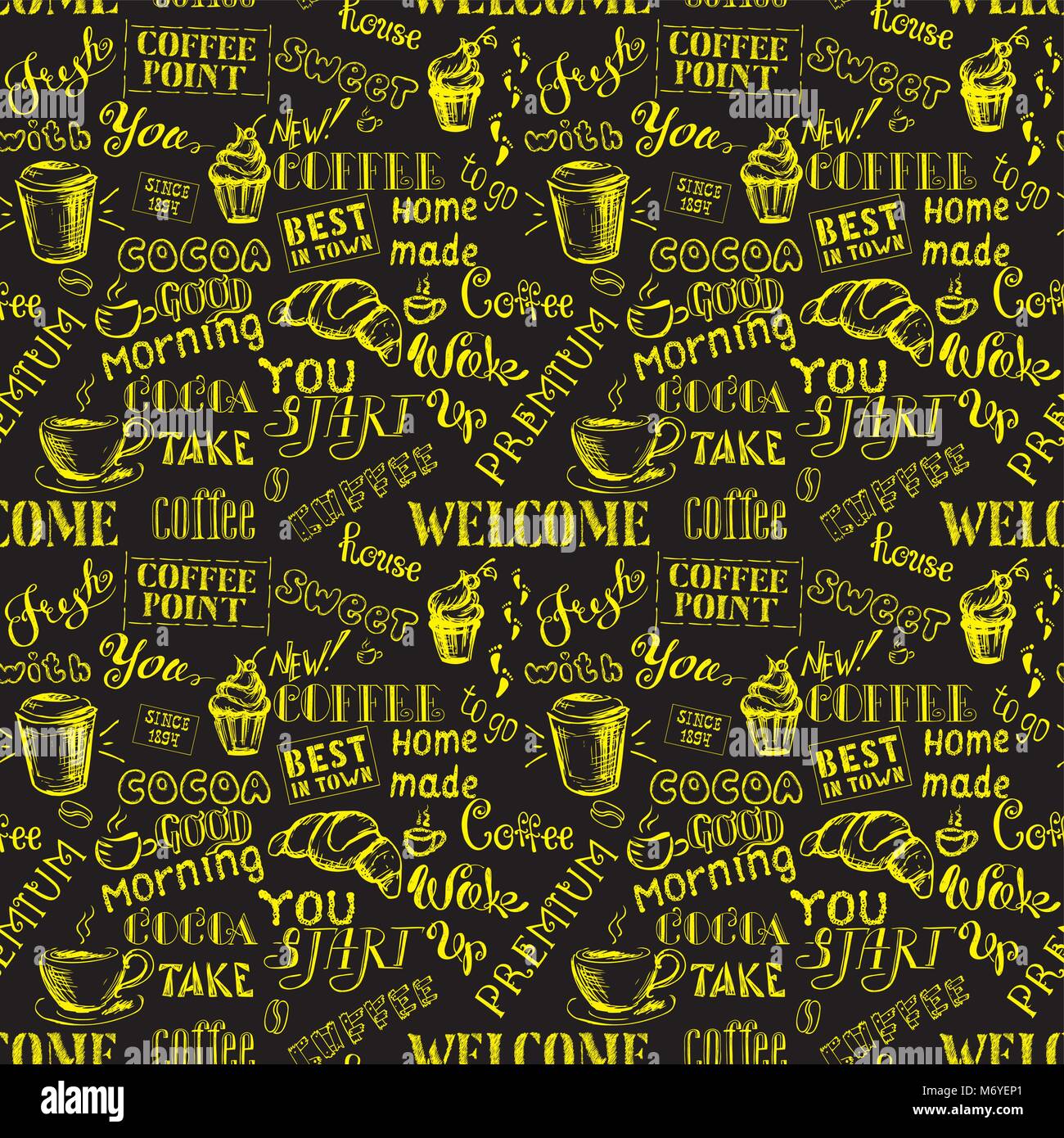 Coffee seamless pattern with lettering,hand drawn on black background ...