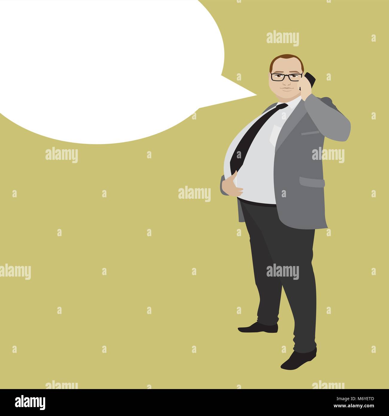 cartoon fat businessman with cell phone and speech bubble, stock vector illustration. Stock Vector
