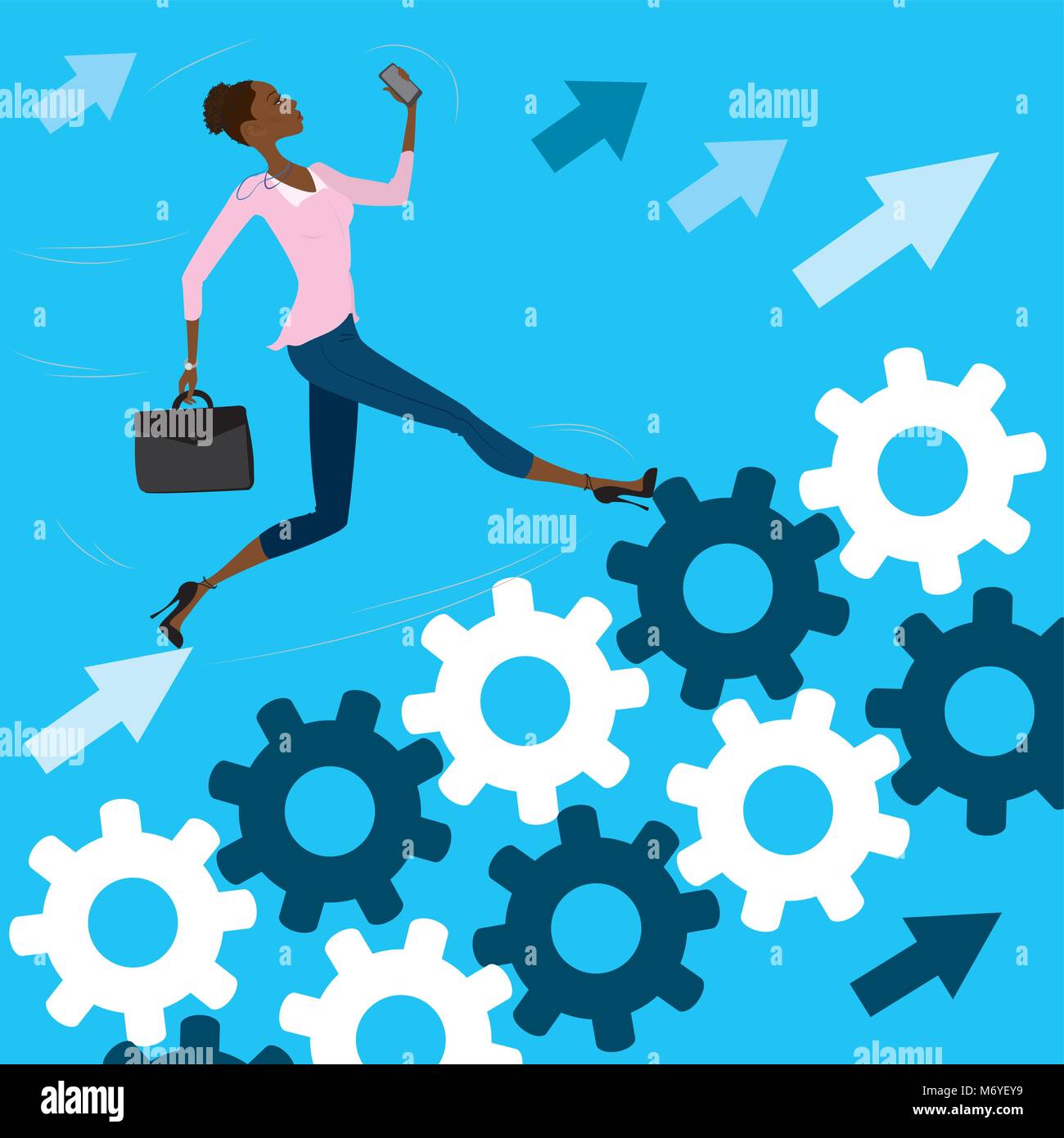 Young, pretty african american business woman or office worker run on the gears to success, cartoon vector illustration Stock Vector