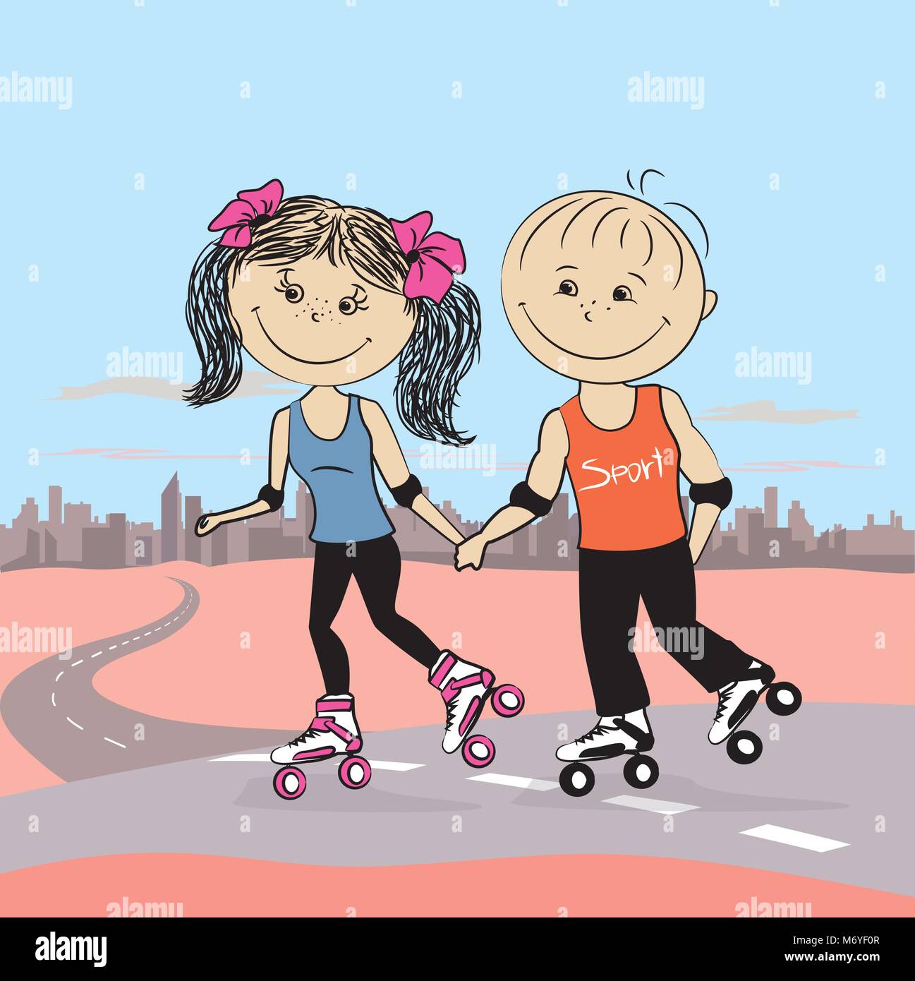 Young  couple in love on roller skates jogging, urban landscape on the background, vector illustration,stock vector illustration Stock Vector