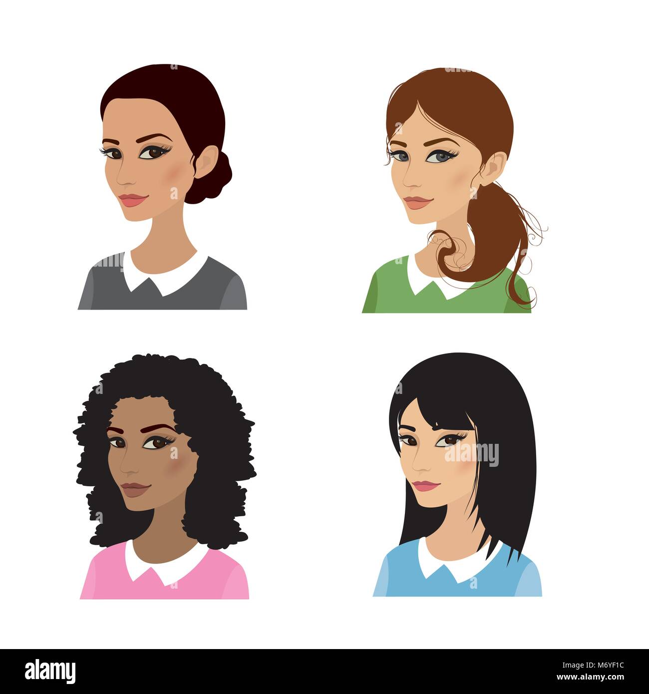 Set of four woman faces, cartoon lady of different races isolated on