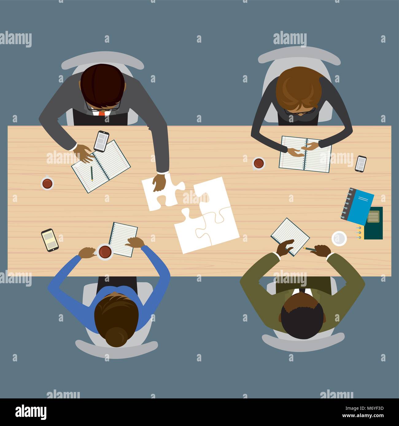Four people different races sitting and working together at the round table. Global Teamwork, brainstorming. Flat vector illustration Stock Vector