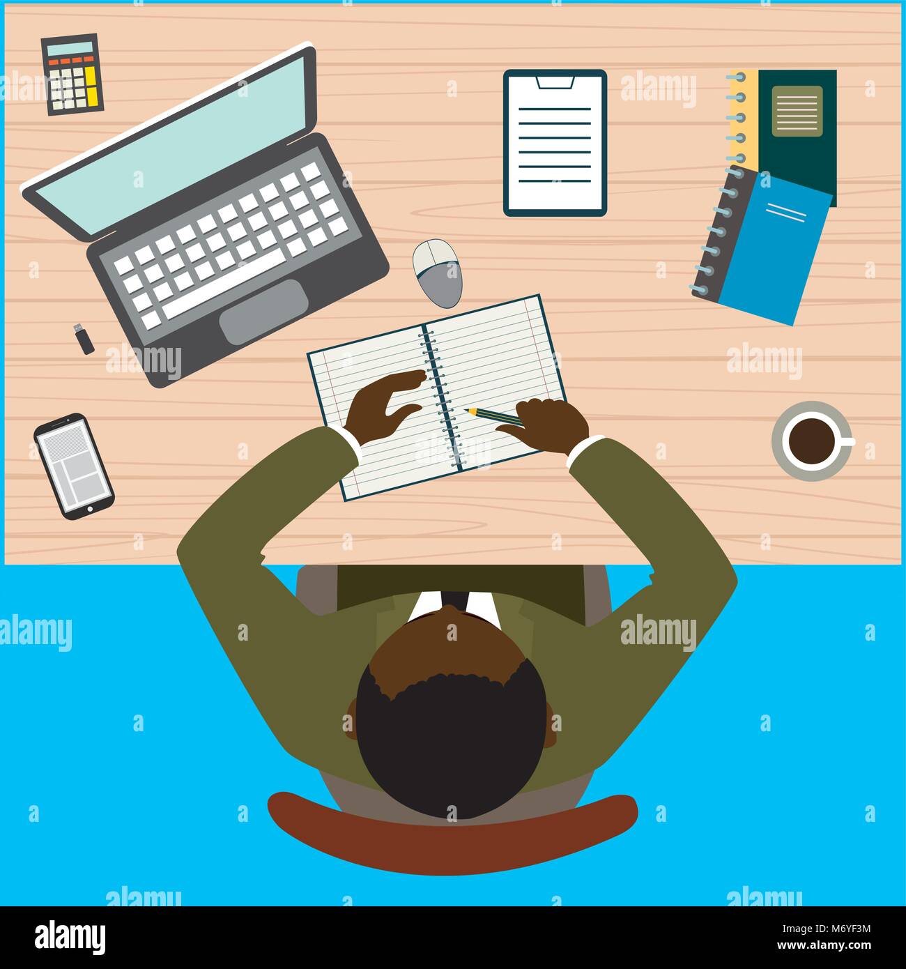 Office workplace. African american businessman working with laptop and documents on table, top view. Flat design cartoon style.Stock vector illustrati Stock Vector