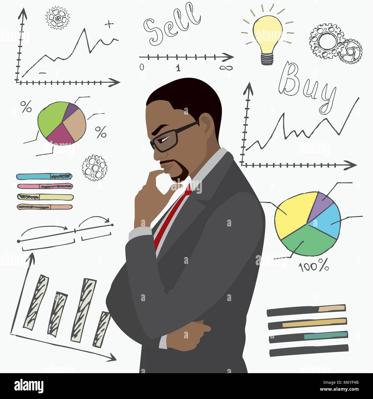 Black Businessman thinks about problem,doodle hand drawn business elements or icons on background, stock vector illustration Stock Vector