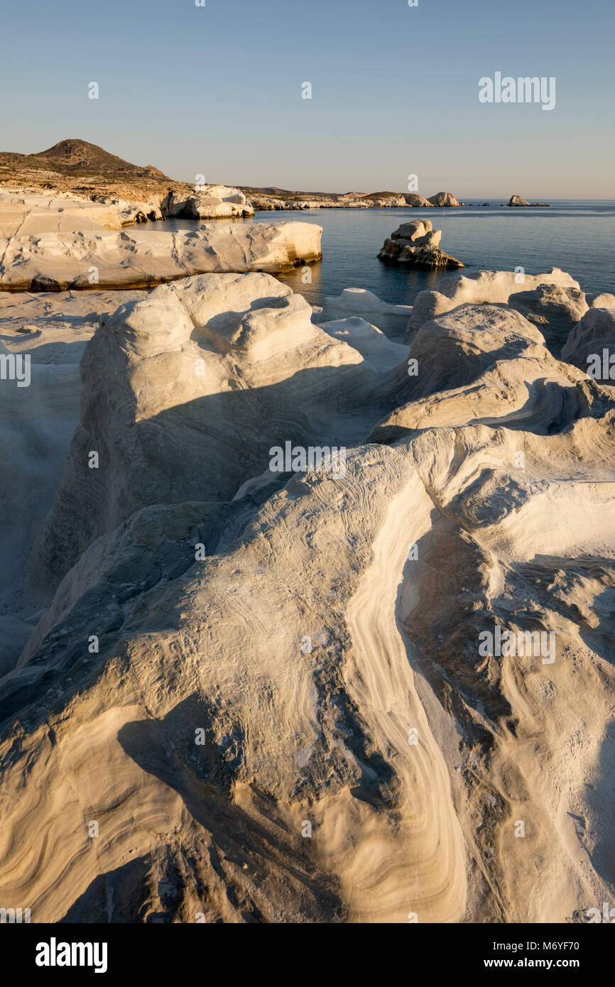 Volcanic rock formations at Sarakiniko on north coast, Sarakiniko, Milos, Cyclades, Aegean Sea, Greek Islands; Greece; Europe Stock Photo