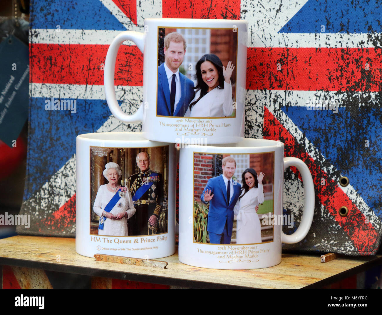Royal Wedding Preparations in Windsor. Security measures. GVs and Souvenirs on sale in the town. Rough Sleepers  Featuring: Royal wedding souvenirs Where: London, United Kingdom When: 03 Feb 2018 Credit: WENN.com Stock Photo