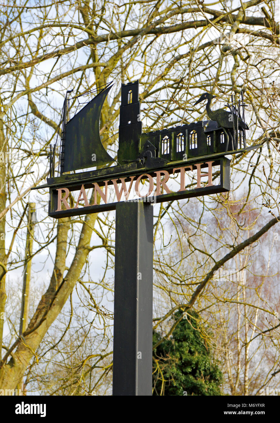 A view of the village sign on the Norfolk Broads at Ranworth, Norfolk, England, United Kingdom, Europe. Stock Photo