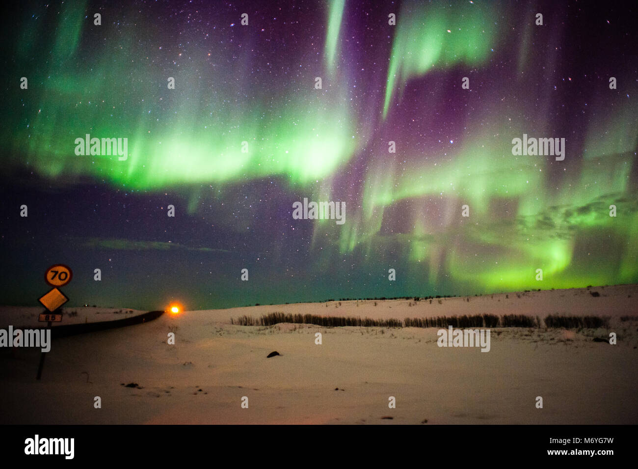 Northern Lights, Aurora Borealis - Husavik, Iceland. Amazing, purple and green streamers and star-filled sky, illuminates a snowy landscape Stock Photo