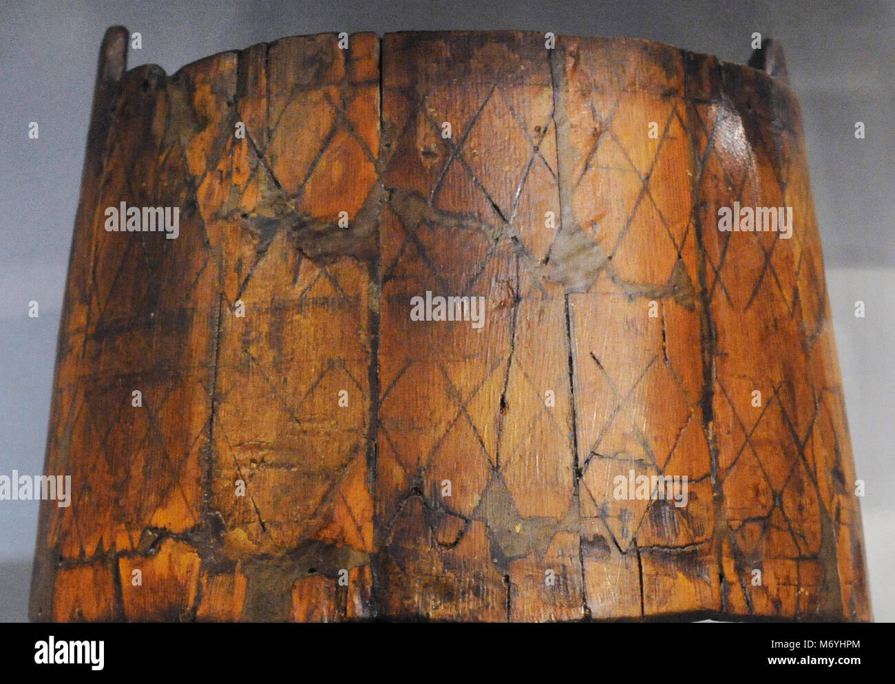 Viking art. Decorated wooden container. Viking Ship Museum. Oslo. Norway. Stock Photo