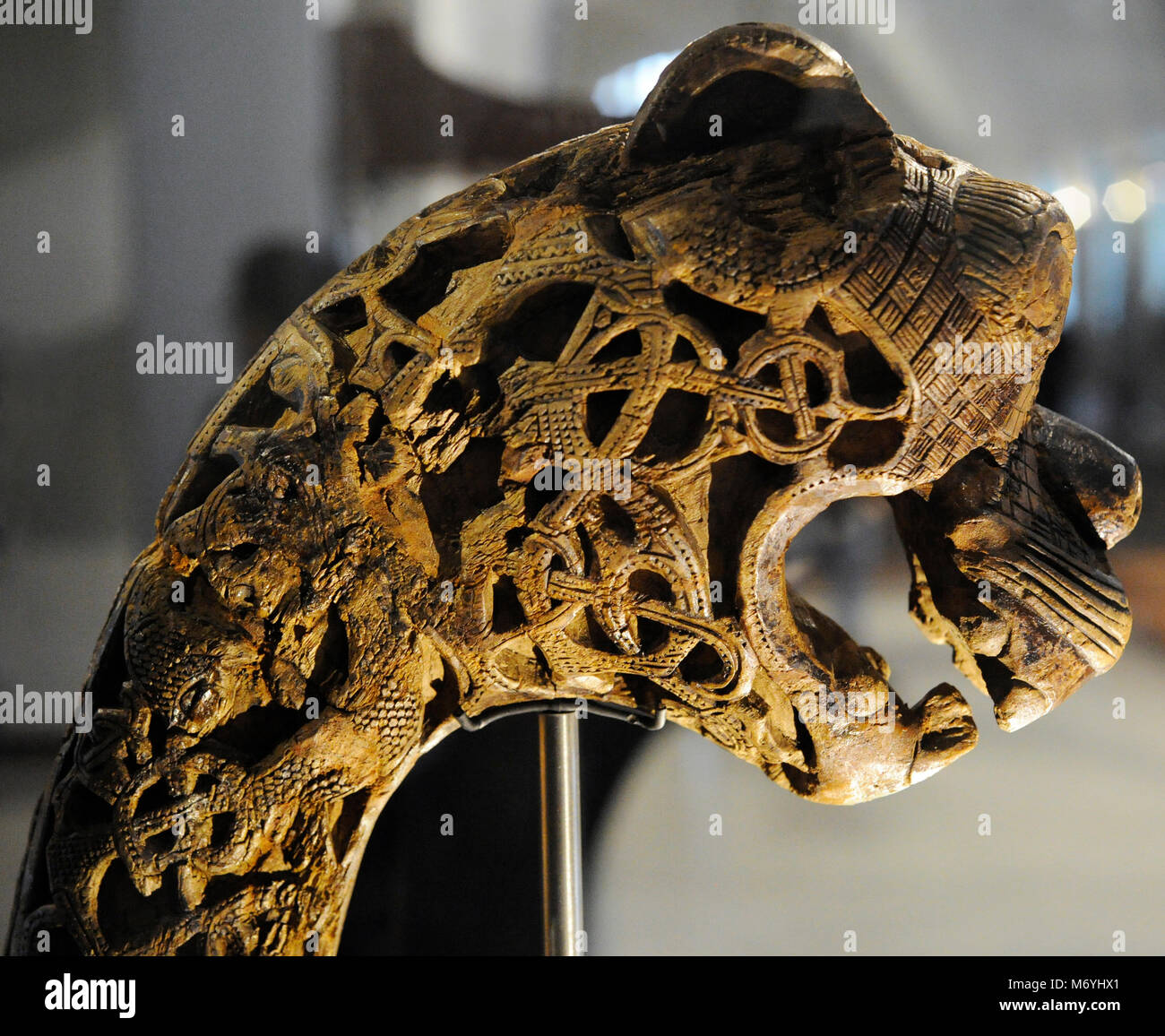 Animalhead post carved in wood. Found in the Tomb of the Boat of