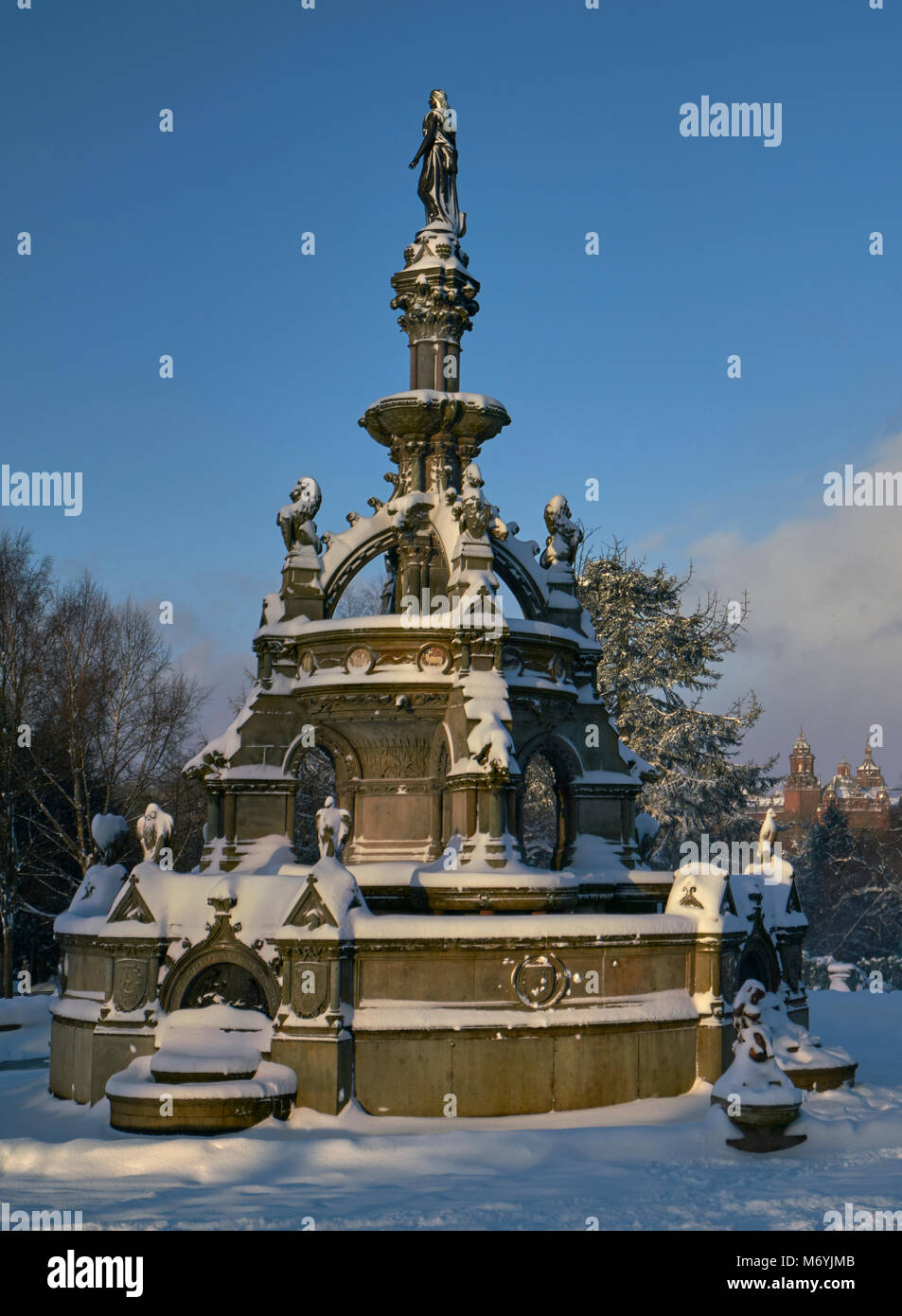 Stewart Memorial Fountain in Kelvingrove Park Glasgow after heavy snow