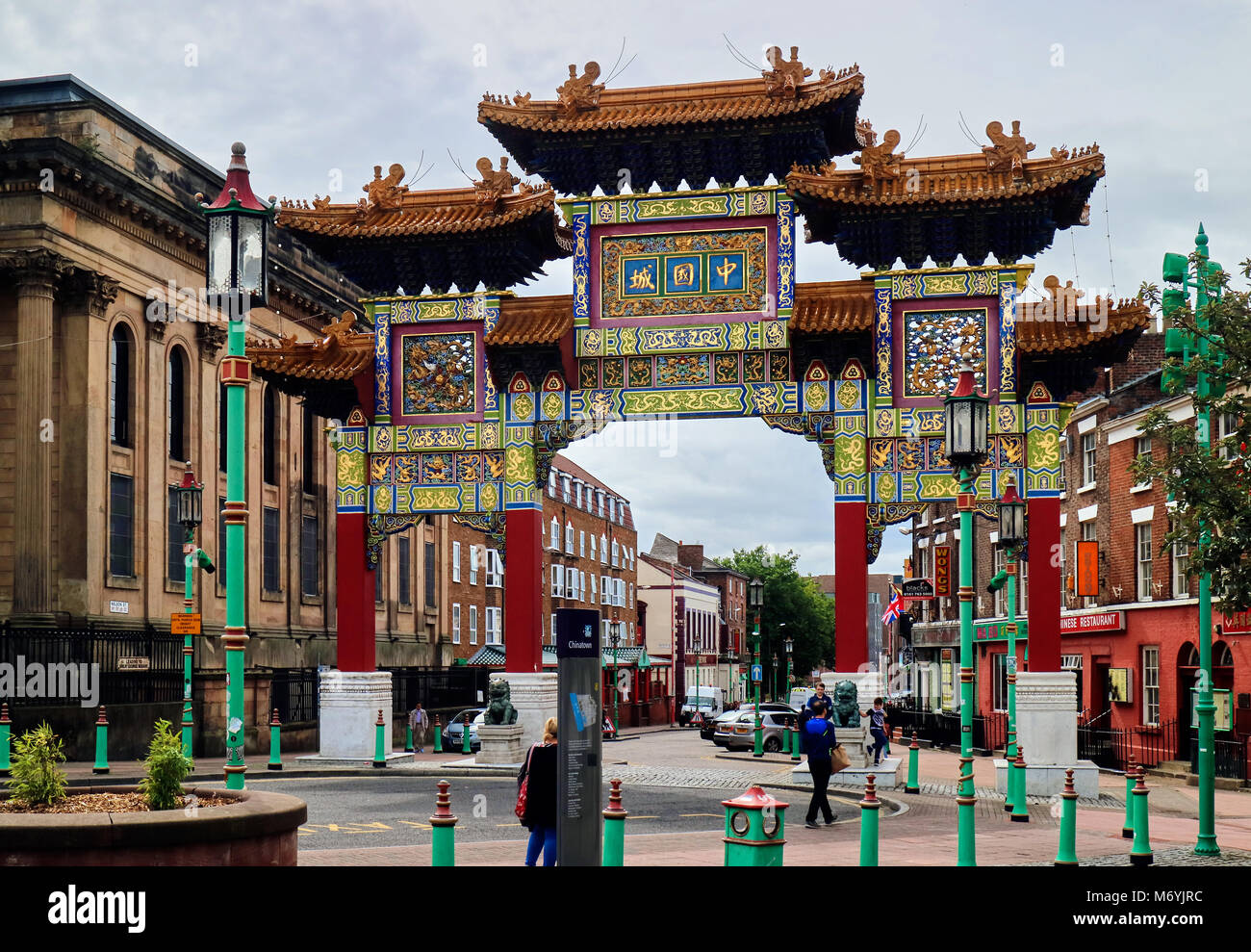 A view of Liverpool's Chinatown where there are a Chinese style gate showing the main entrance to this area. Stock Photo