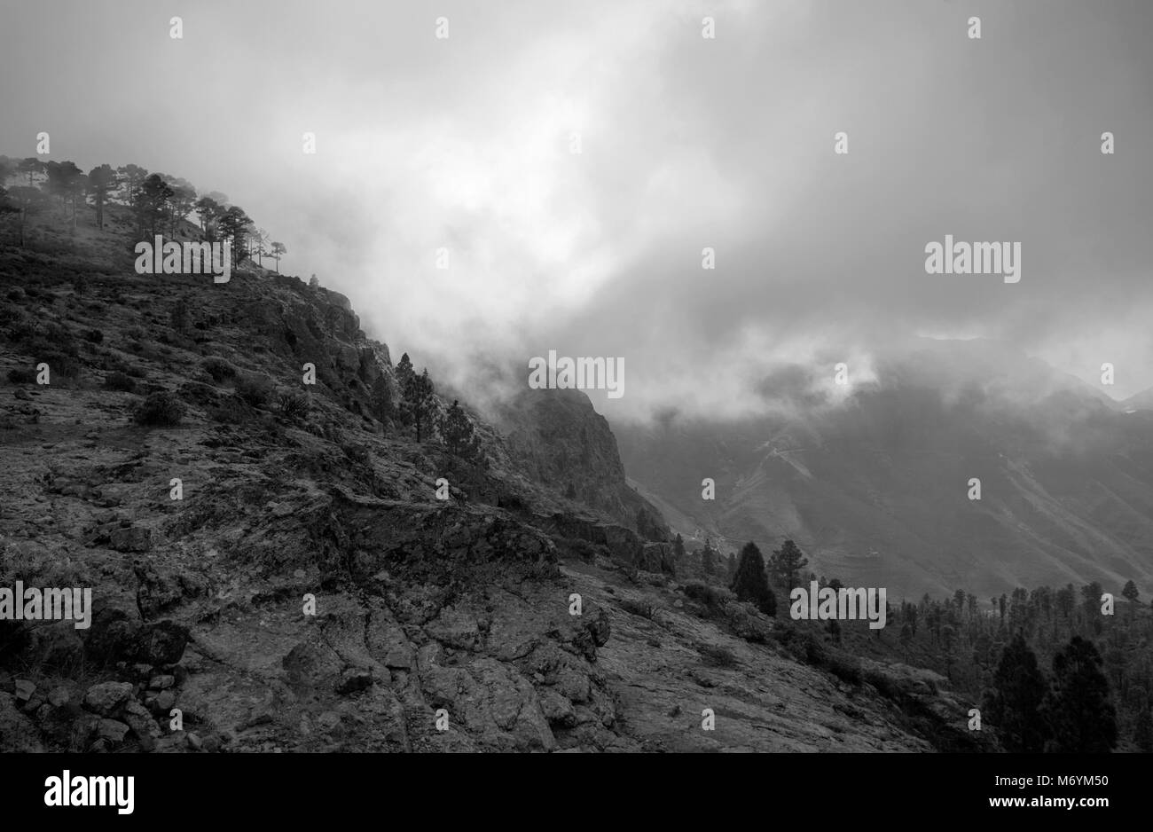 West of Gran Canaria, February 2018, integral Nature Reserve Inagua, fog, monochrome Stock Photo