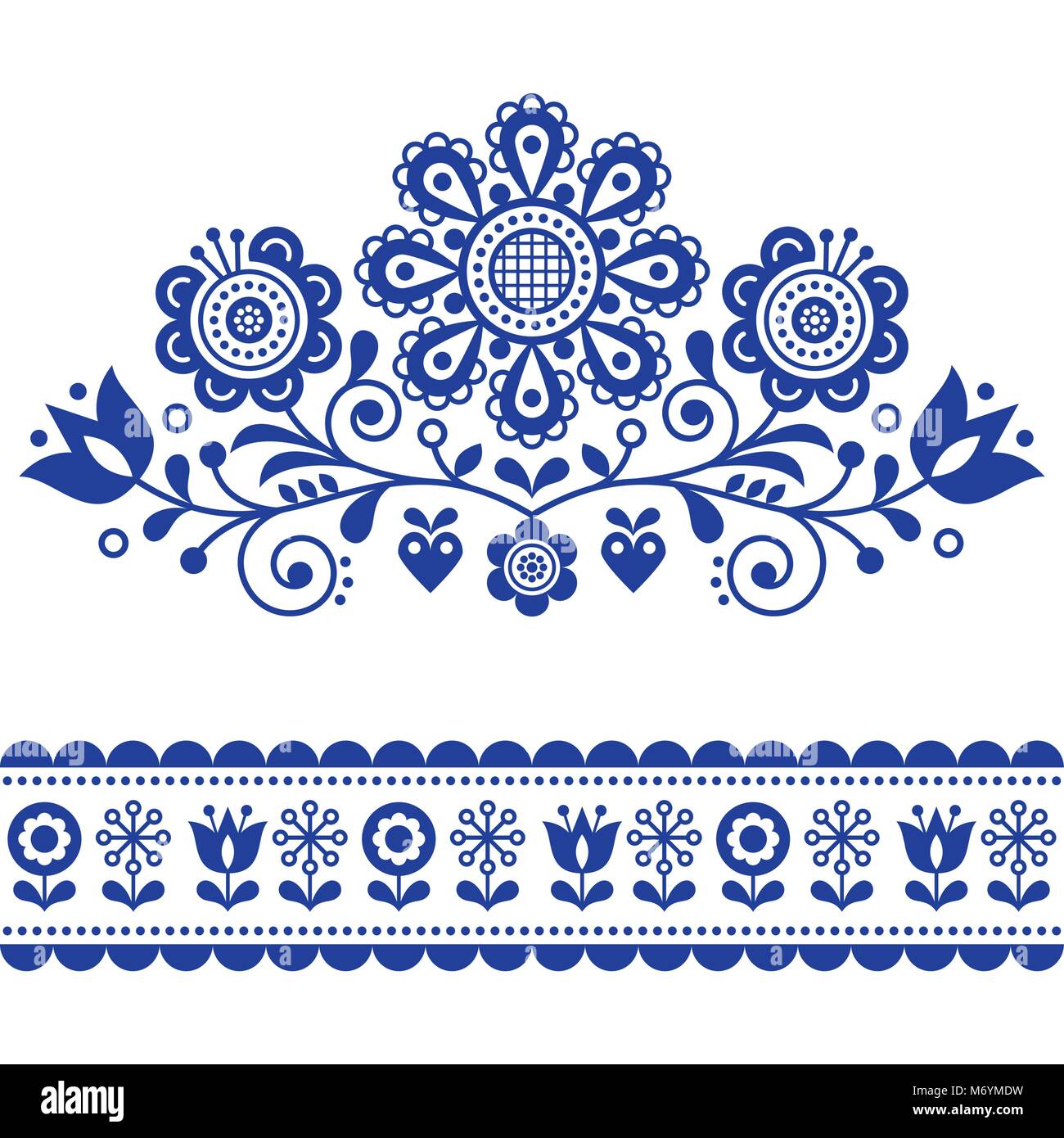 Scandinavian vector folk art pattern with flowers, traditional floral frame or border design Stock Vector