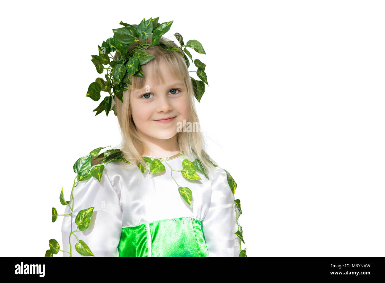 Portrait of little cute girl. Baby in spring forest fairy dress with ...