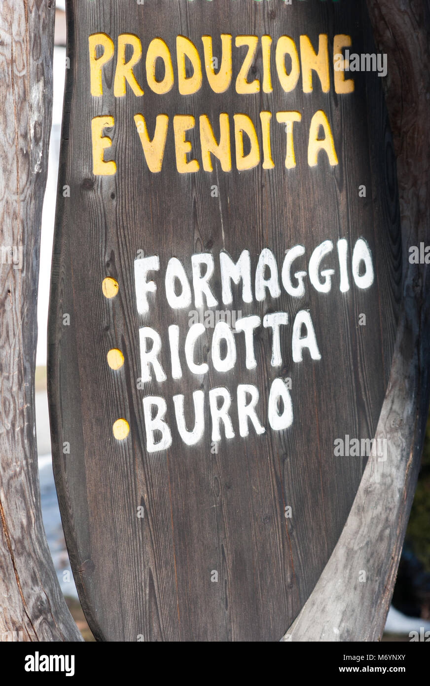 Signboard selling homemade cheese and butter out of a farm Stock Photo