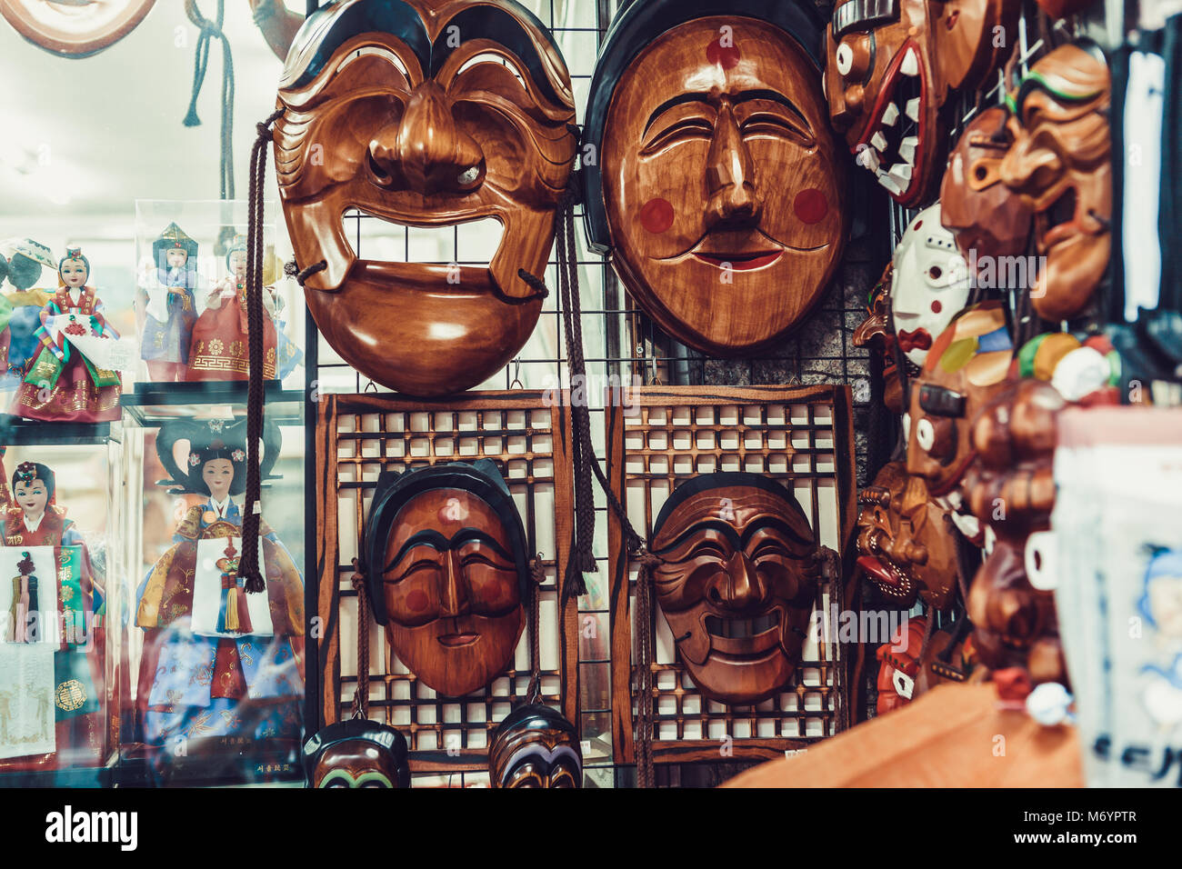 SEOUL, SOUTH KOREA AUGUST 14, 2015 Traditional Korean wooden masks