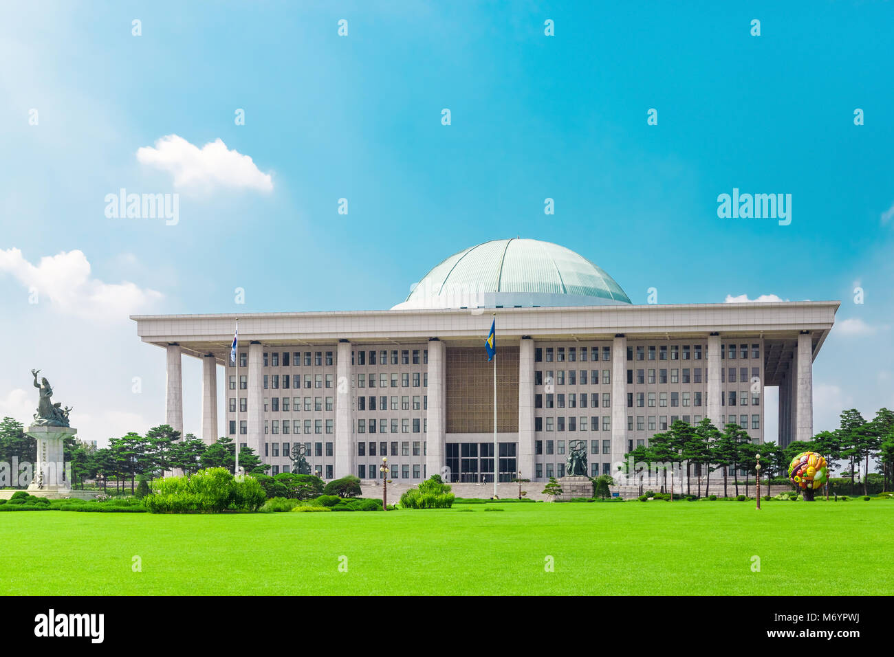 SEOUL, KOREA - AUGUST 14, 2015: Building of National Assembly Proceeding Hall - Capitol building of South Korean Republic, located on Yeouido island - Stock Photo