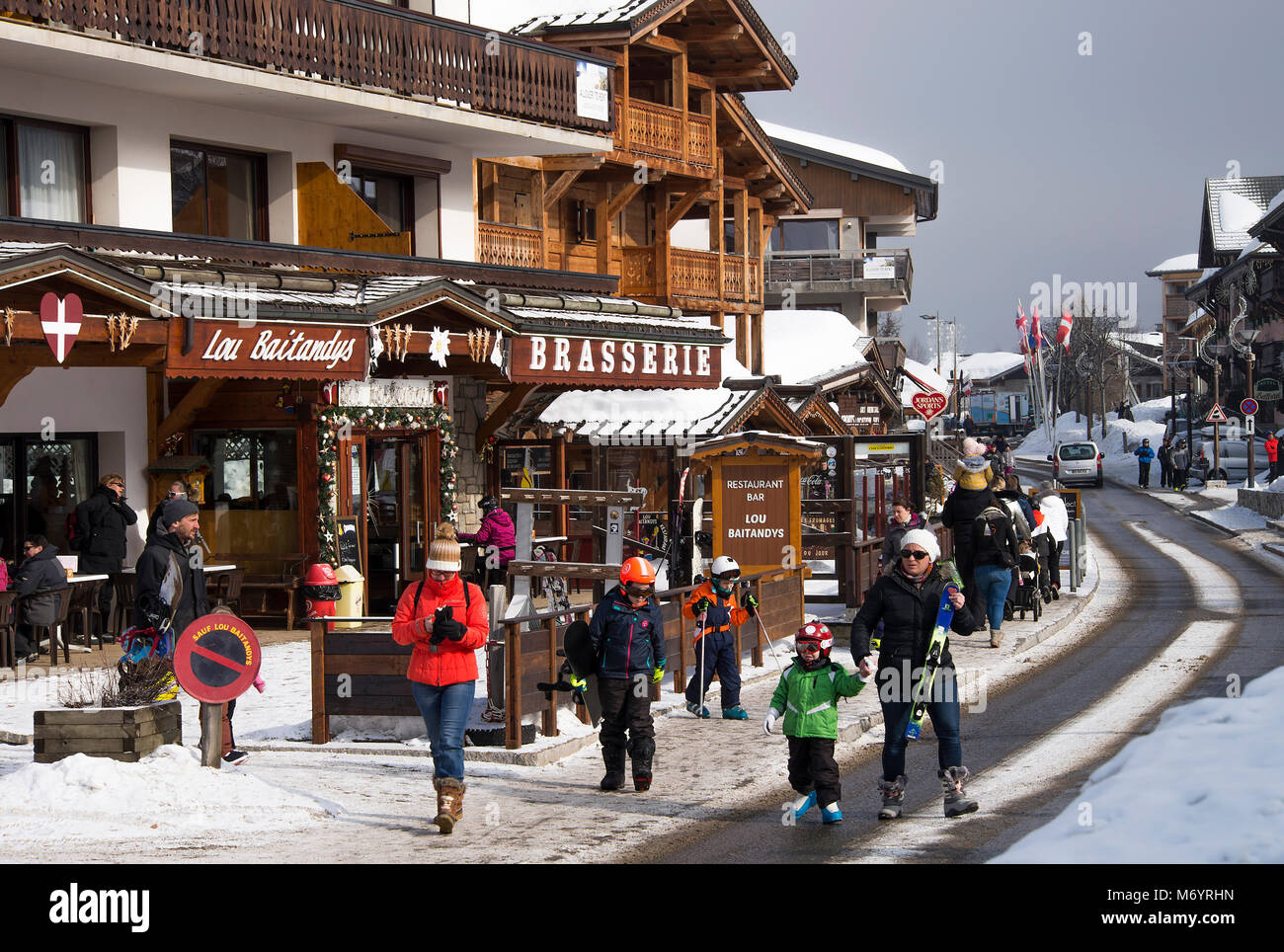 The Small Alpine Town of Les Gets with Chalet Style Restaurants, Shops, Bars, Hotels and Skiing