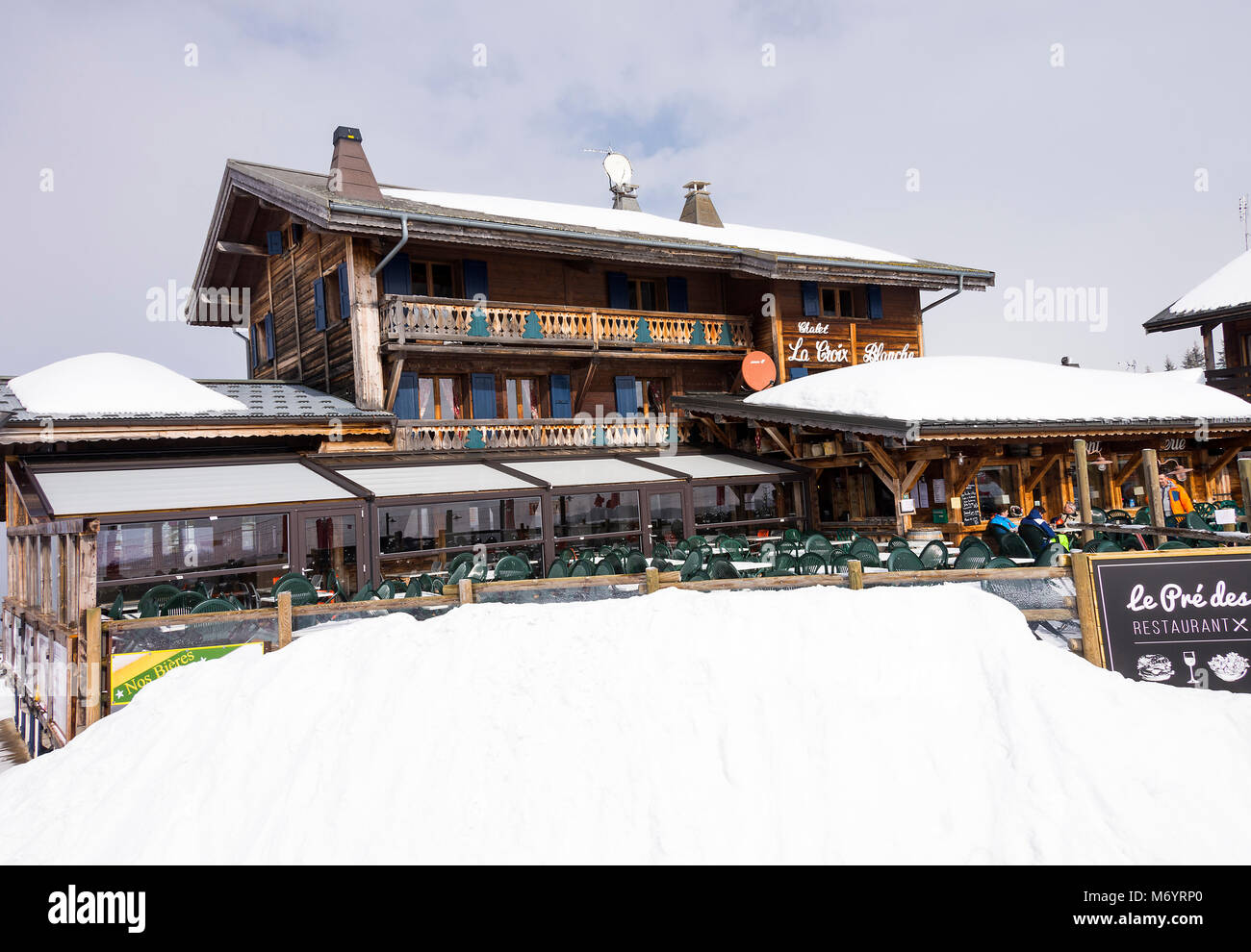 The Restful Chalet La Croix Blanche Restaurant and Bar in the Ski Resort of Les Gets in the French Alps Morzine Haute Savoie Portes du Soleil France Stock Photo