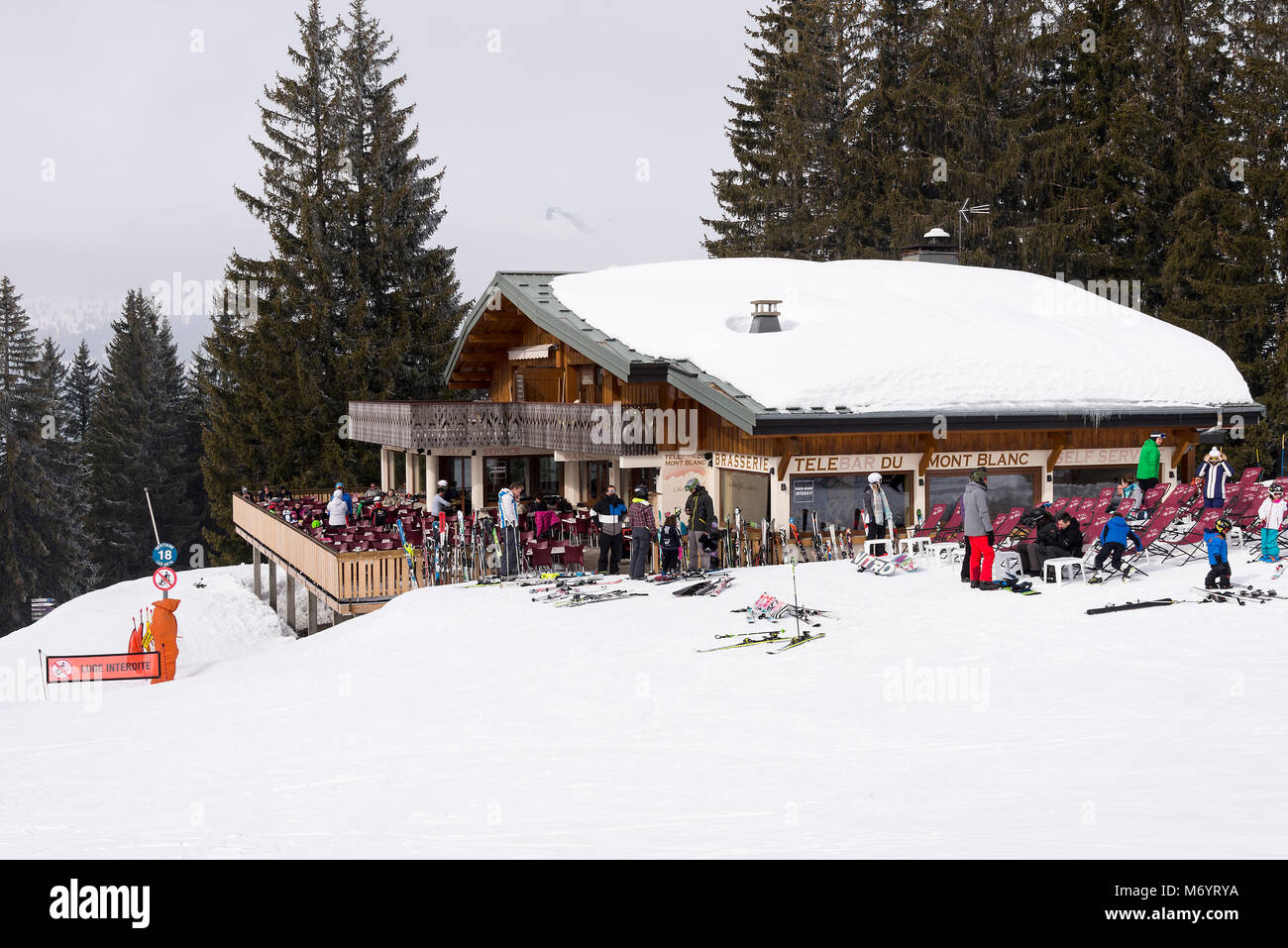 Telebar du Mont Blanc Brasserie and Restaurant on the Ski Slopes at Les Gets Ski Resort near Morzine Haute Savoie Portes du Soleil France Stock Photo
