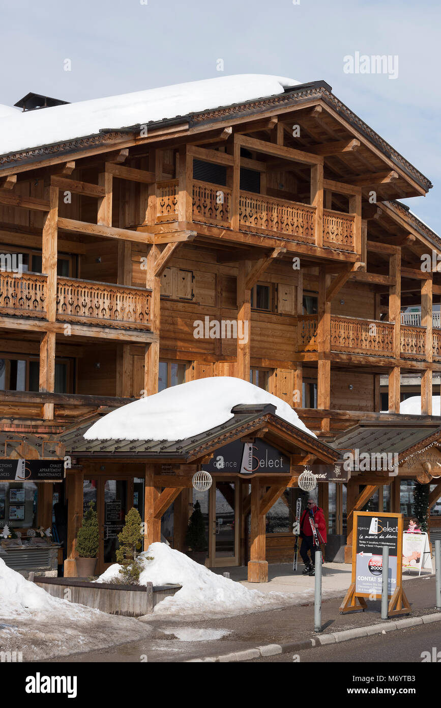 The Small Alpine Town of Les Gets with Chalet Style Restaurants, Shops, Bars, Hotels and Skiing