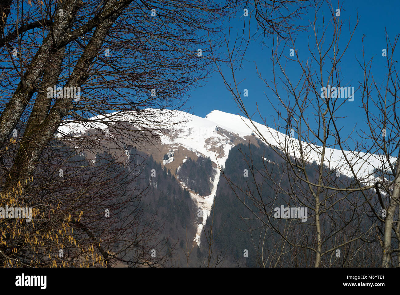 The Beautiful View of the Snow Covered Pointe de Nantaux from Morzine Haute Savoie Portes du Soleil France Stock Photo