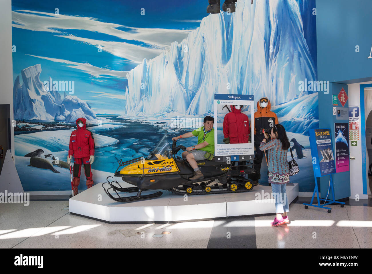 Snowmobile photo opportunity at International Antarctic Centre, Orchard Road, Harewood, Christchurch (Ōtautahi), Canterbury Region,  New Zealand Stock Photo