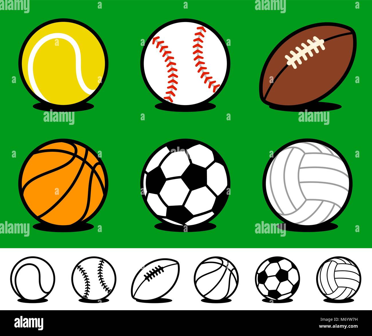 Set of six different colored cartoon sports ball icons with accompanying  black and white line drawing variations on a green background with shadow  for Stock Vector Image & Art - Alamy