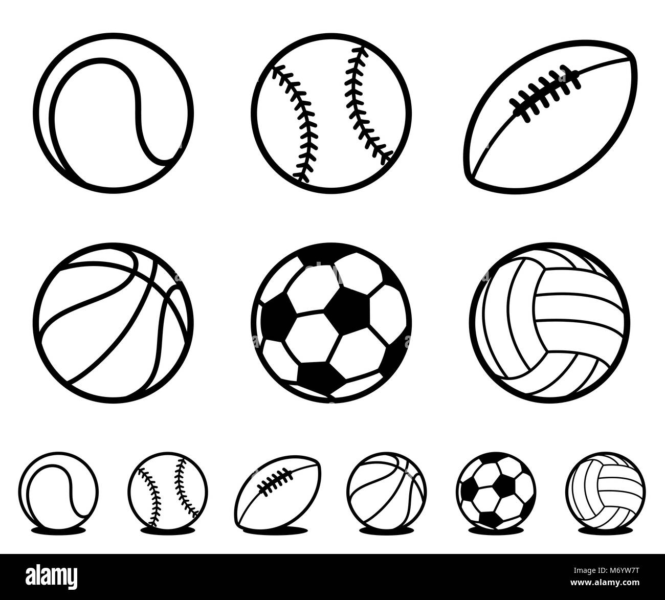 Set of six different black and white cartoon sports ball icons with accompanying line drawing variations with shadow for use as design elements - vect Stock Vector
