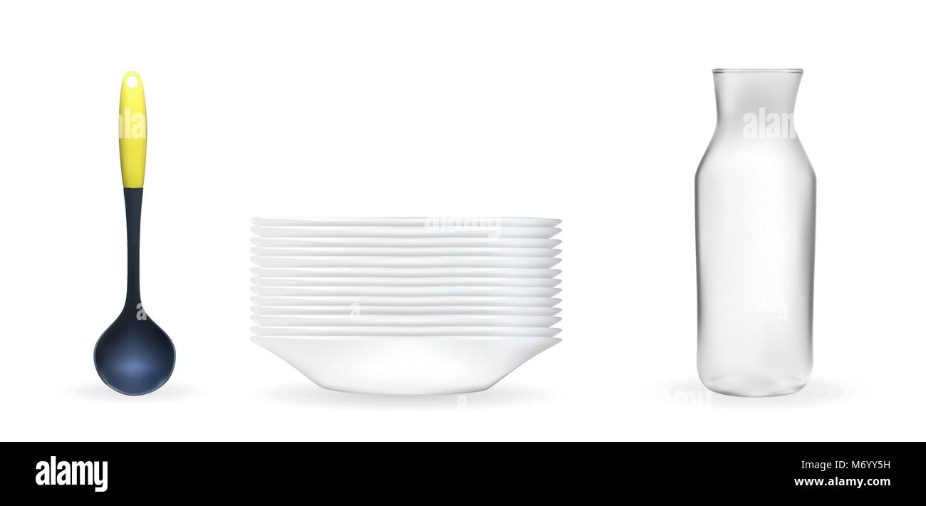 Set of Realistic 3D model of a deep white dish, ladle, glass jar